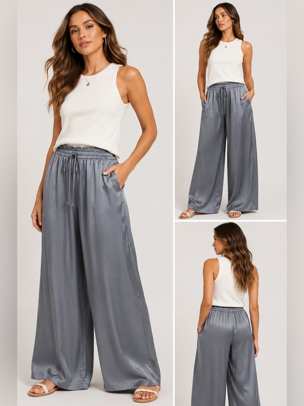 Michela Mii Elite Gray Silk Blend Wide Leg Pants Made in Italy NWT